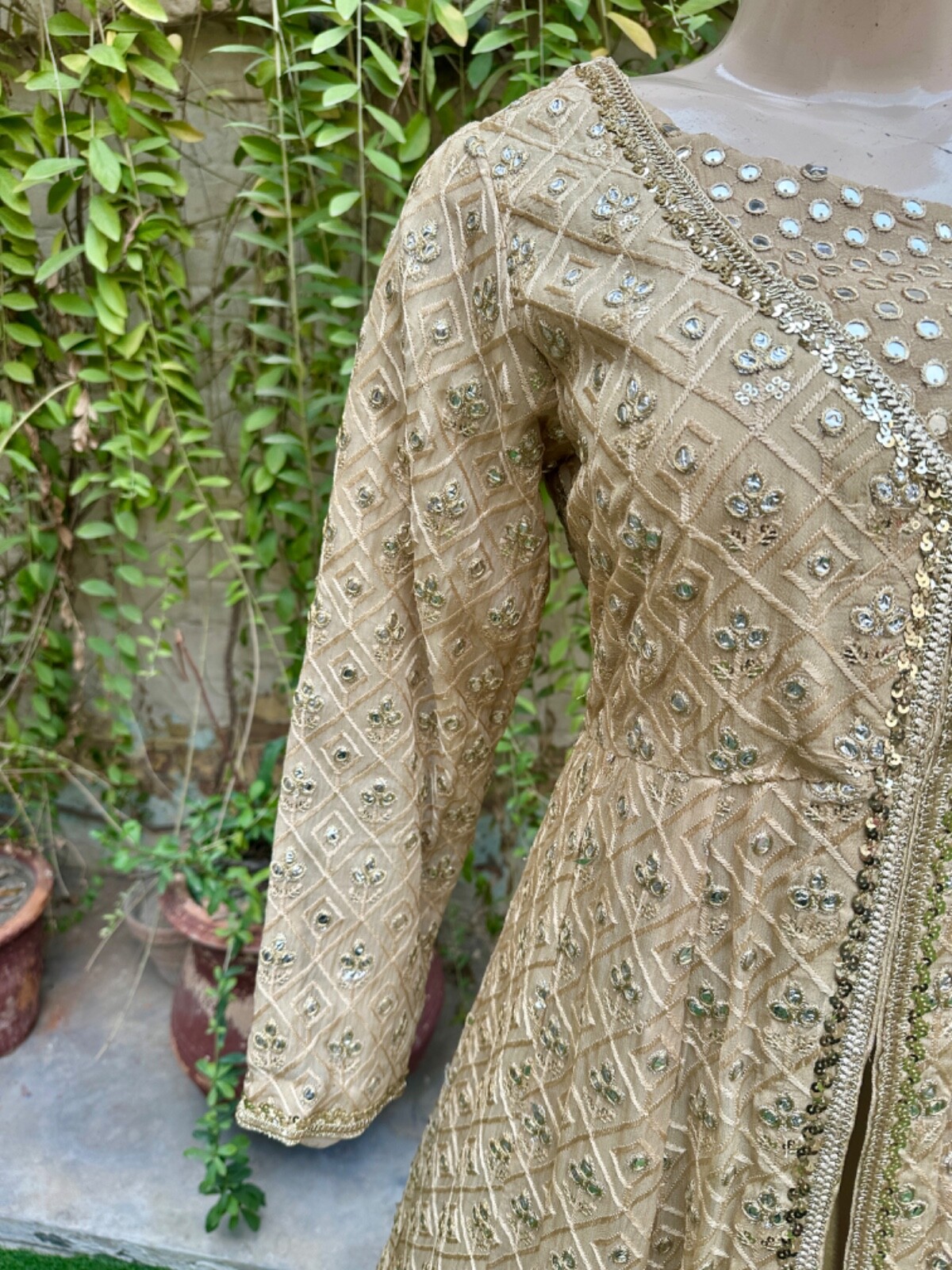 Pakistani Beige double Long Maxi Style Embroidered Sequins Chiffon Dress,L#1