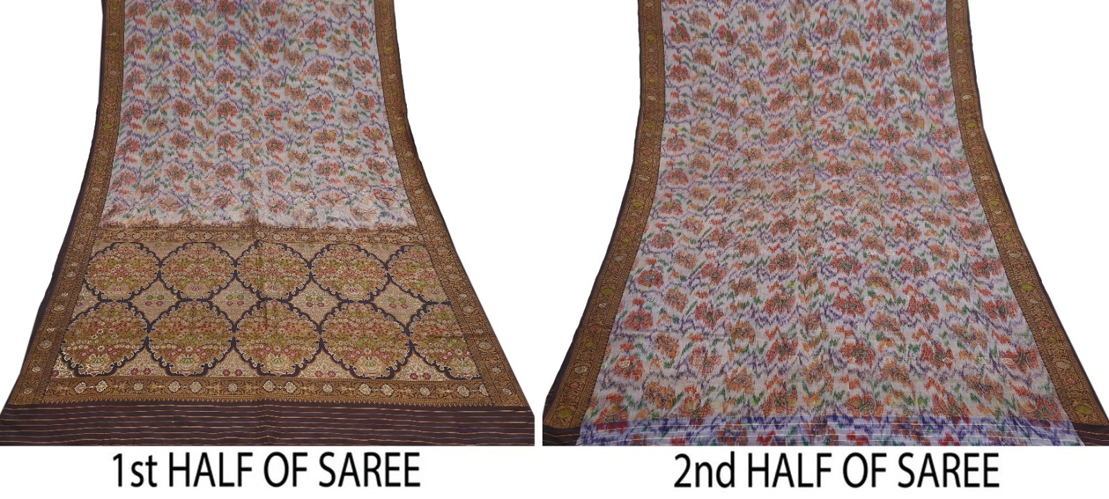 Indian Vintage Heavy Saree Brown & Multi 100% Pure Silk Hand Woven Ikat Sari 5yd