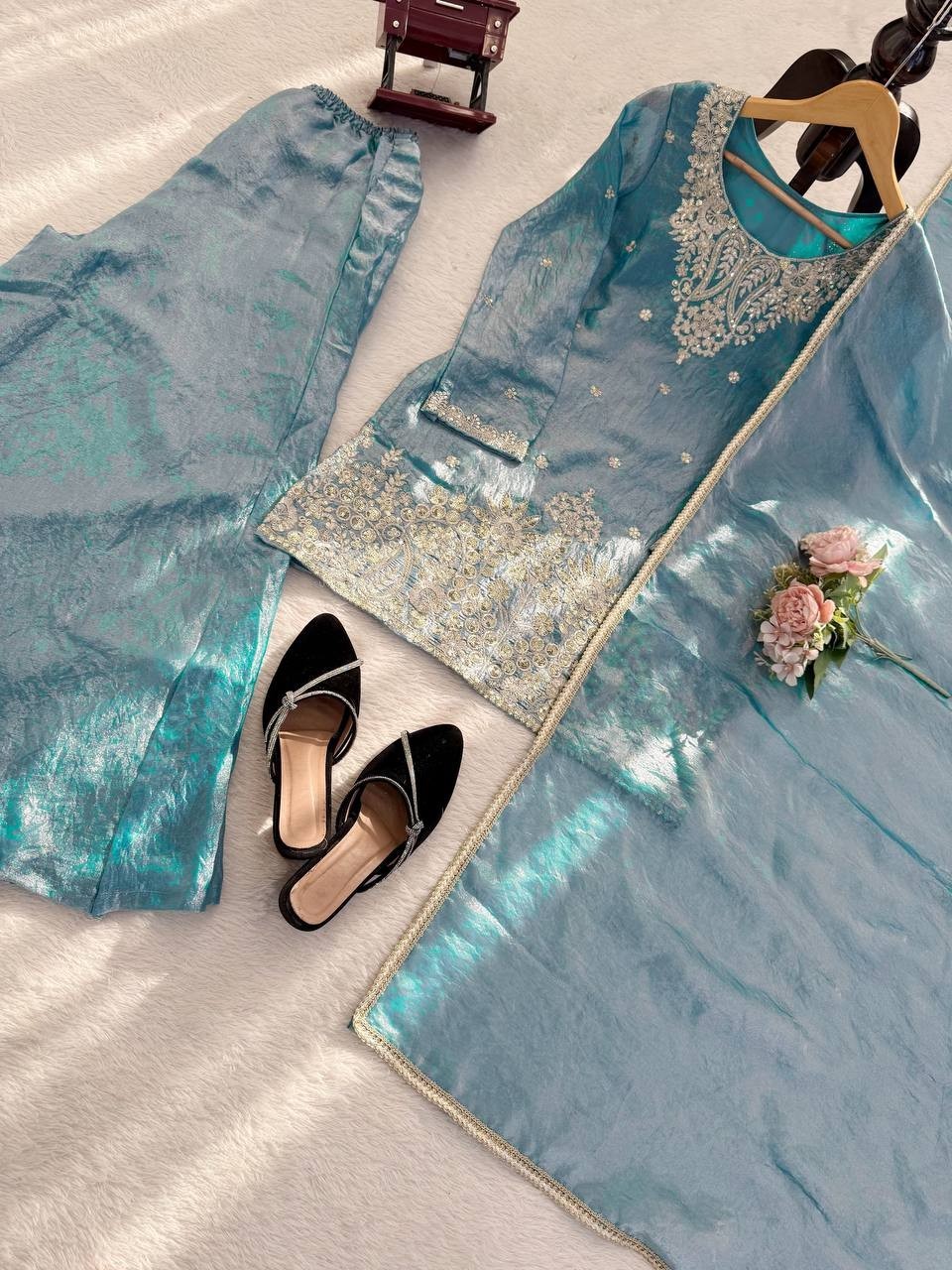 New Presenting Heavy Silk Sky Blue Top Palazzo With Dupatta For Wedding Wear