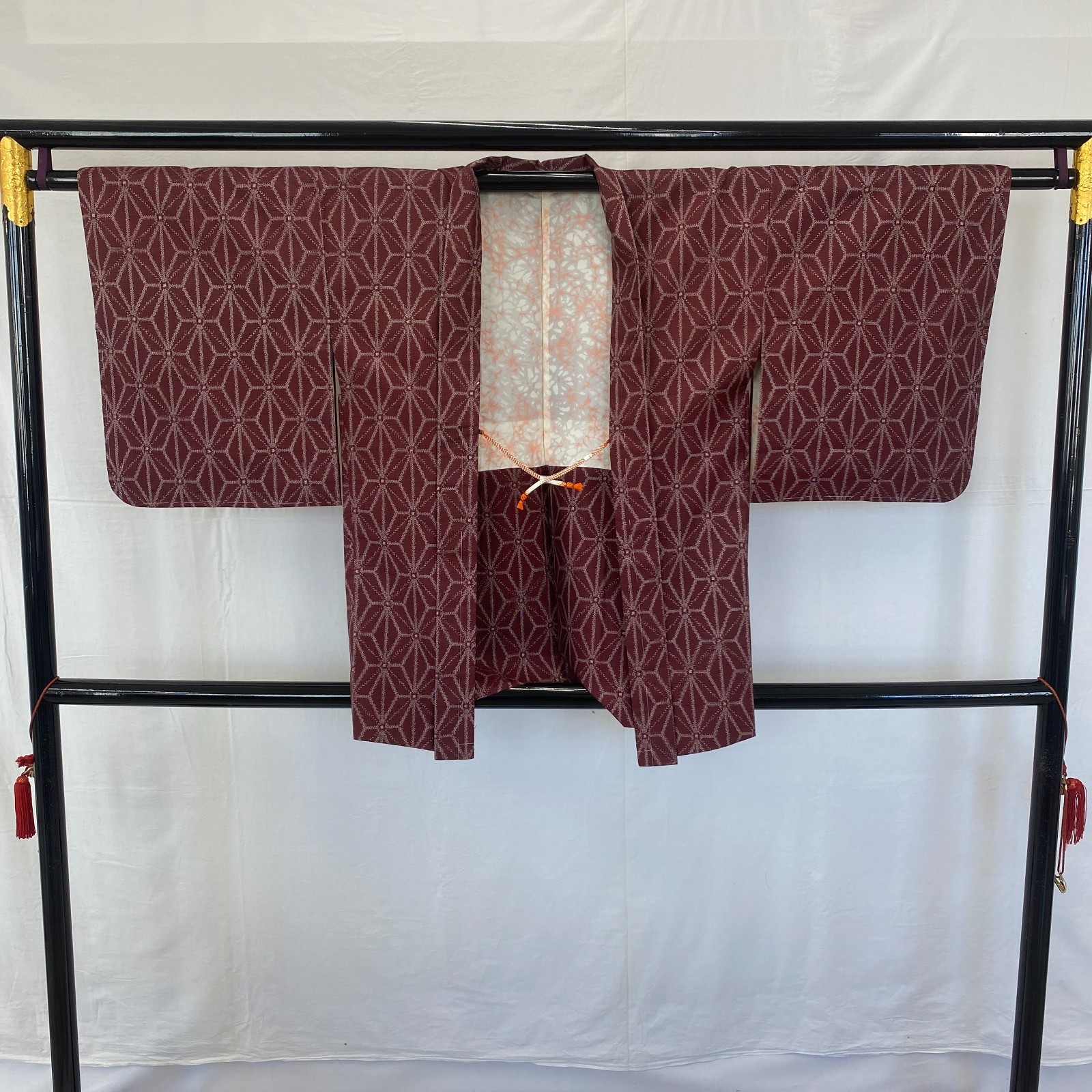Japanese Vintage Kimono Haori Jacket Silk Red Oshima Traditional Authentic 33 in