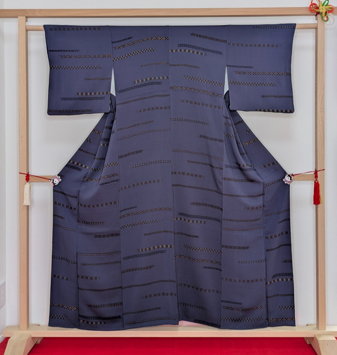 Authentic Japanese Silk Komon Kimono Blue Black Geometric Pattern Textile Art