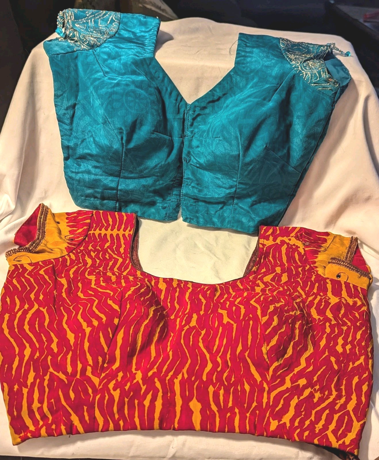 (2) Beautiful Indian Saree Art Handmade Tops. Turquoise/ Red And Orange. Medium