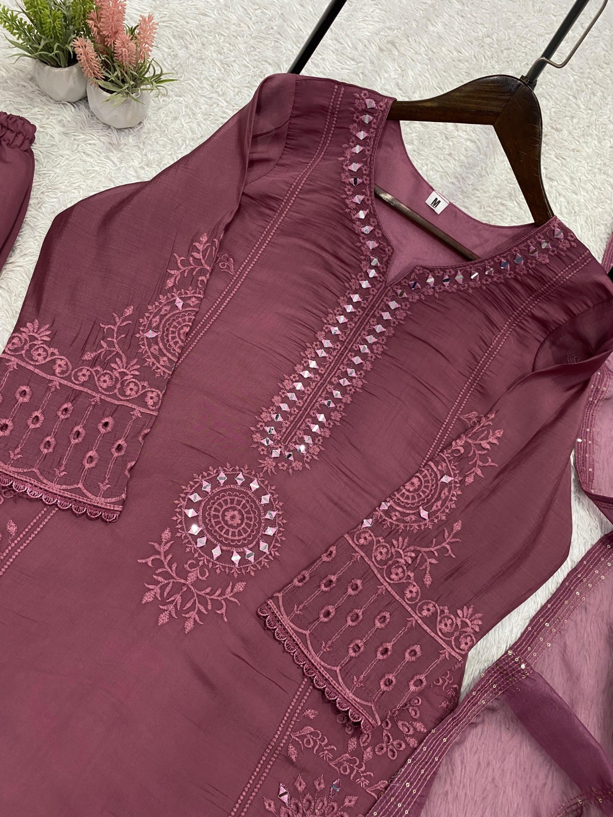 New Mal Chanderi Dusty PinkTop Palazzo With Dupatta For Women Function Wear