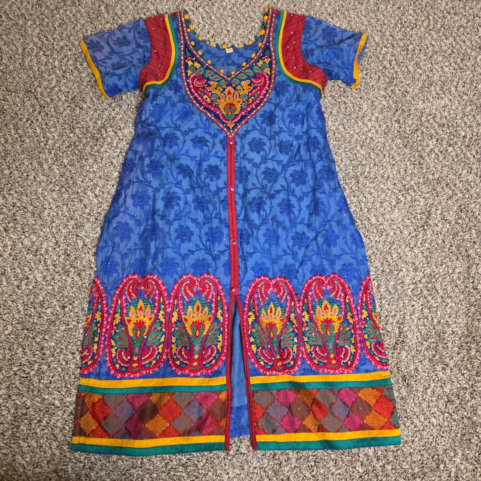 Unbranded Blue Embroidered Kurti Tunic Paisley Pom Pom Sequin Boho Top Medium