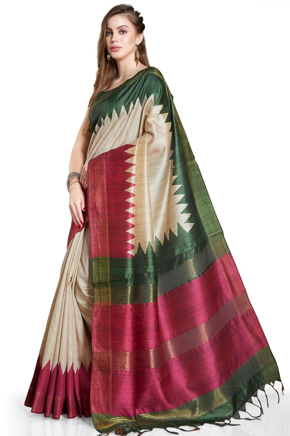 Women’s Printed Art Tussar Silk Zari Border Saree With Blouse Piece