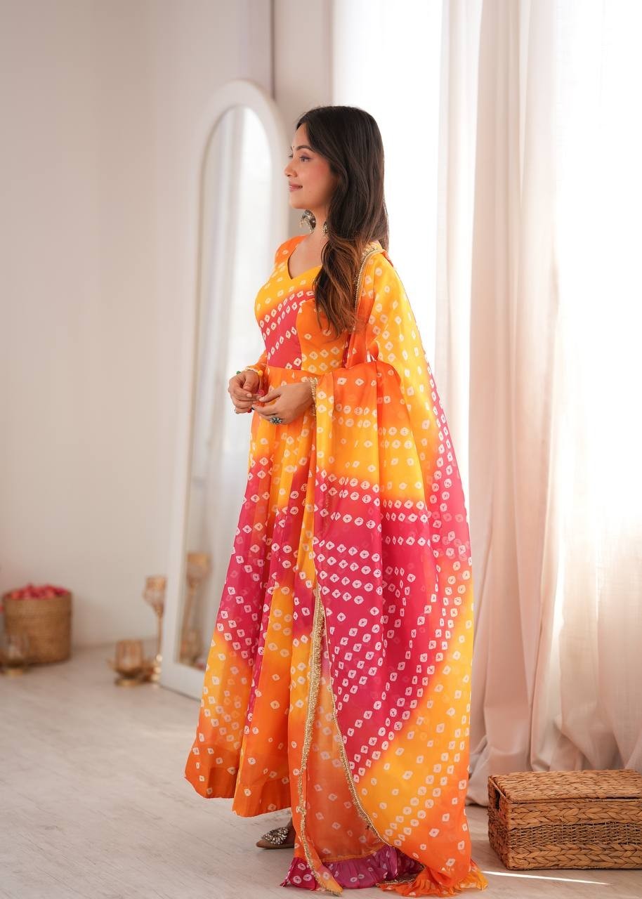 Printed Tabby Organza Gown Pant Dupatta Set Bandhani Flared Anarkali Suit Pack