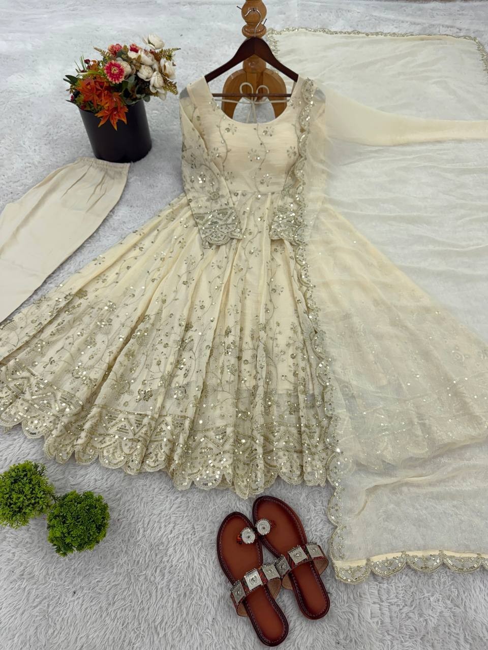 New Presenting Crunch Silk Cream Gown Bottom With Dupatta For Wedding Wear