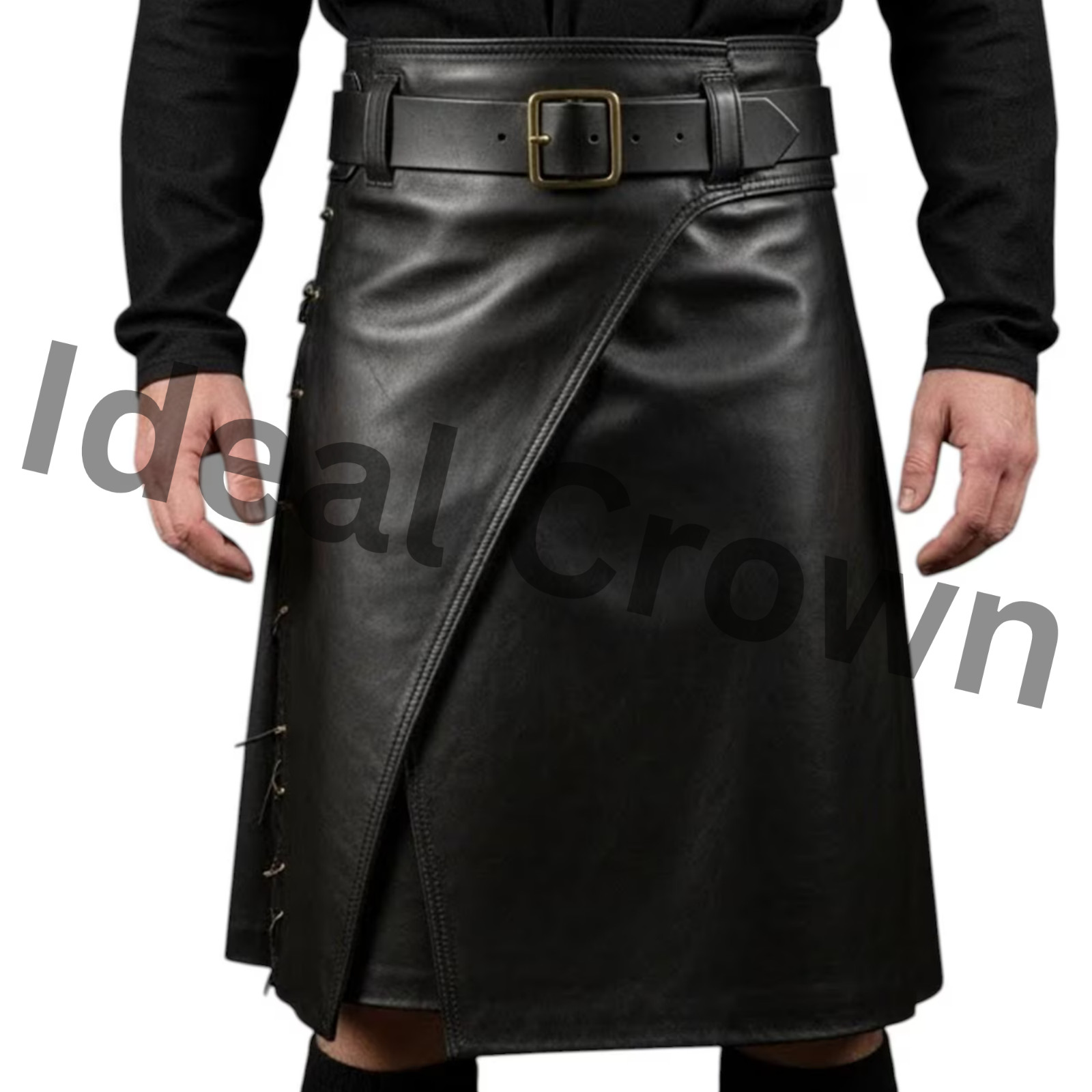 Men’s Black Leather Kilt Gothic Pleated Utility Wrap Celtic Warrior Style