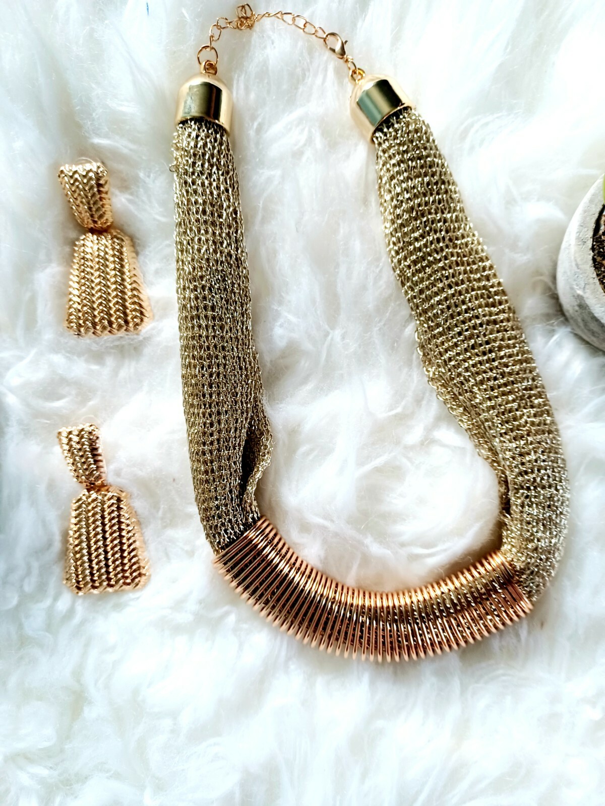 Trendy, versatile gold plated mesh necklace and earrings