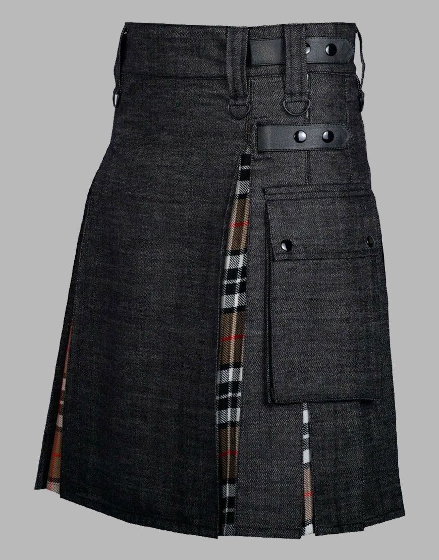 Black Denim Hybrid Scottish Utility Tartan Kilt with Adjustable Strap.