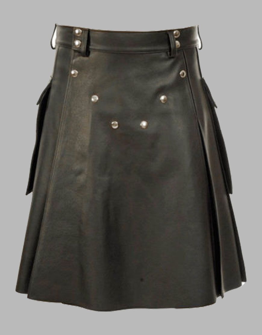 Men’s Real Leather Pleated Kilt Clubwear Kilt With Side Pocket Utility Kilt