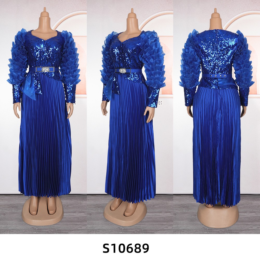 African Party Long Dress Abaya Women Sequin Evening Gowns Robe Pleated Clothing