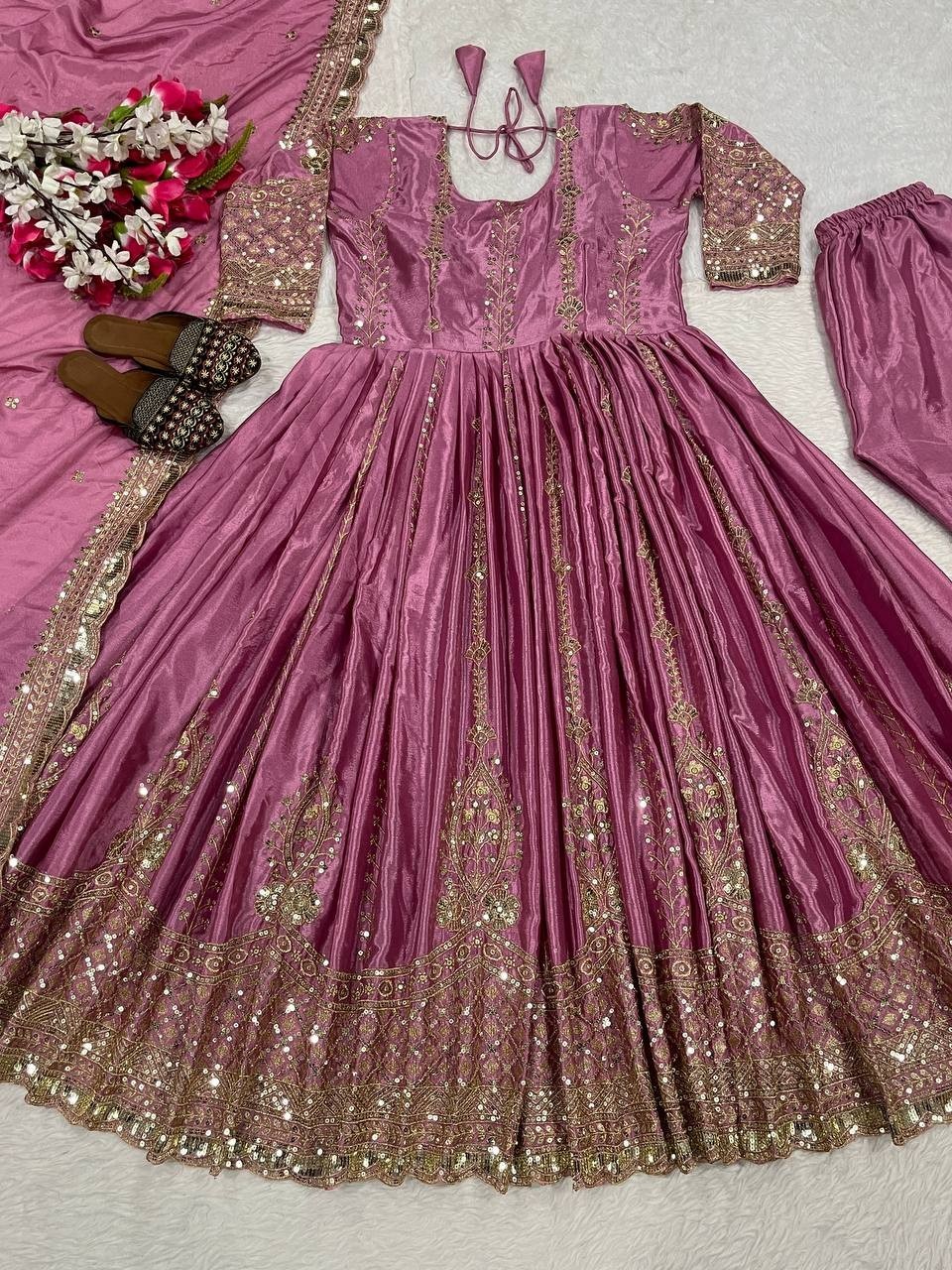 Exclusive Dusty Pink Heavy Chinon Silk Gown Bottom And Dupatta For Reception