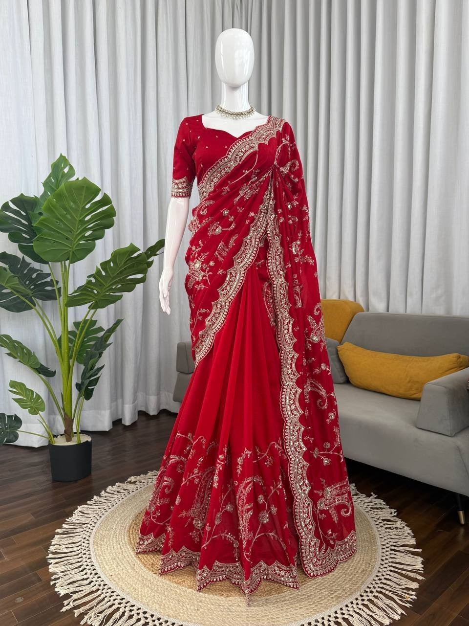Indian Style Red Vichitra Silk Saree With Blouse For Wedding & Party