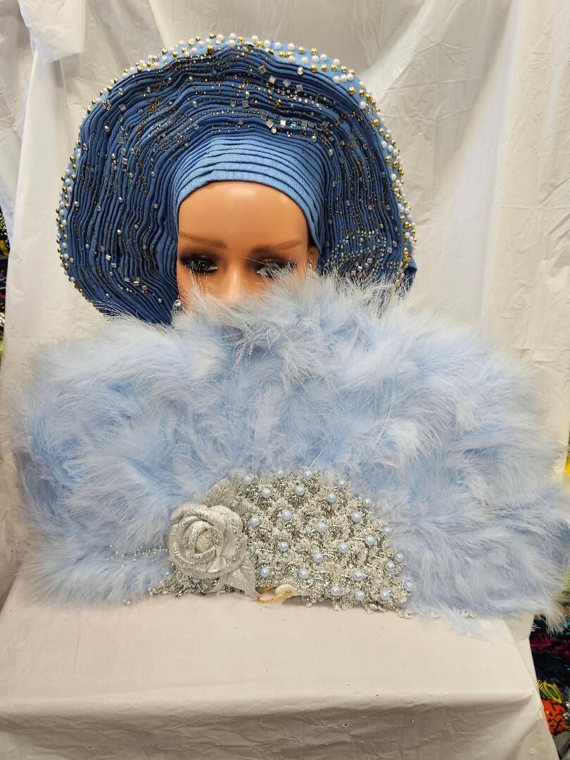 Light Blue Classic African Bridal Feather Hand Fan
