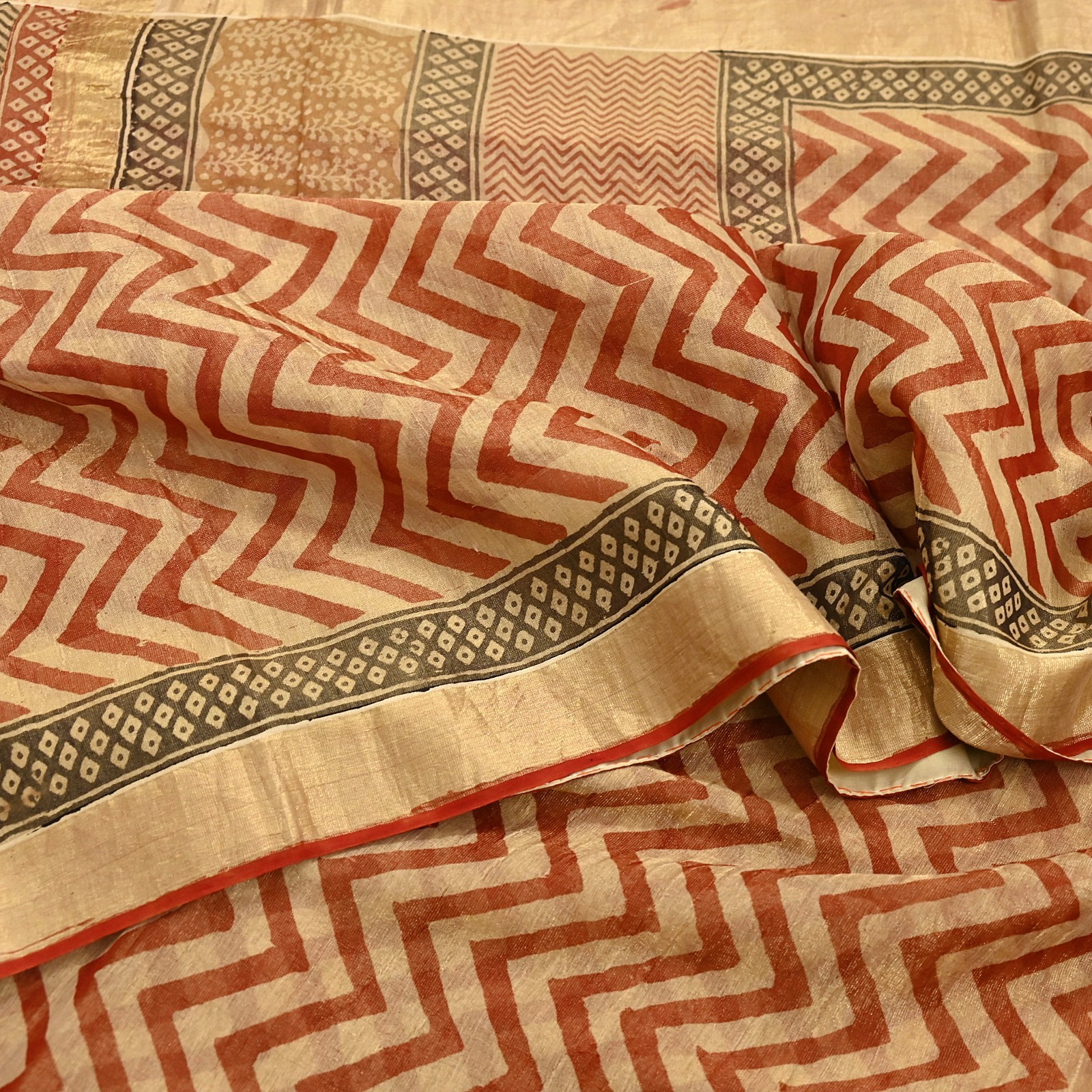 Indian Vintage Beige Pure Chanderi Silk Saree Block Printed Floral Design, Zari