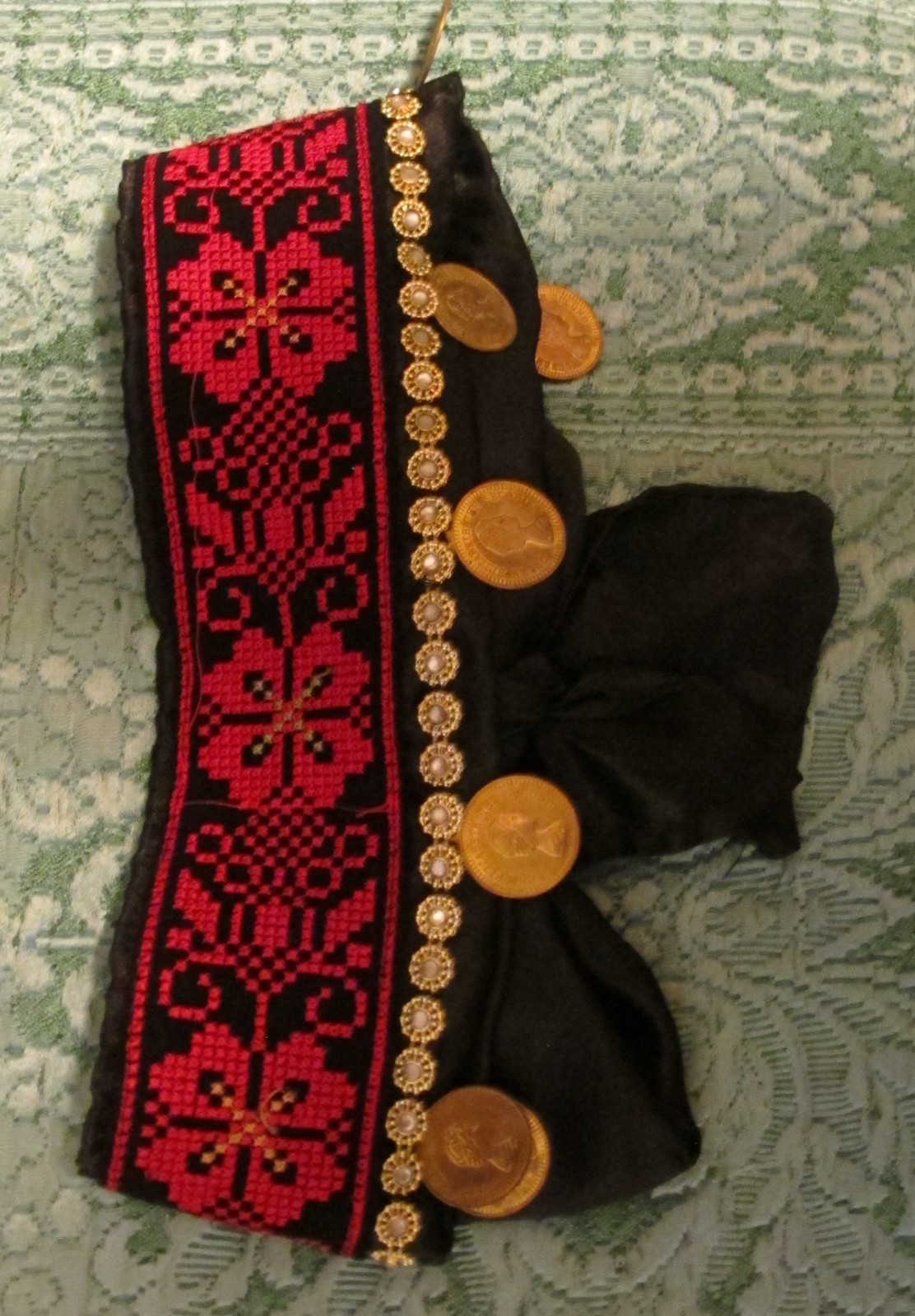 Palestinian Red Black Embroidered Headband on Satin with gold coins