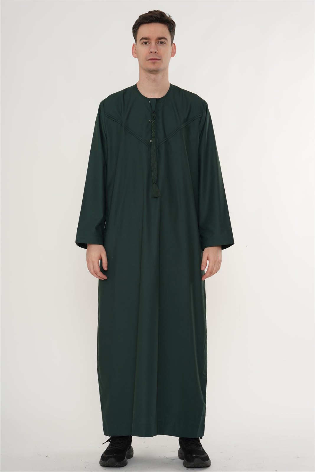 Men’s Olive Green Tassel Thobe Emirati Omani Jubba Islamic Clothing Zipped Eid