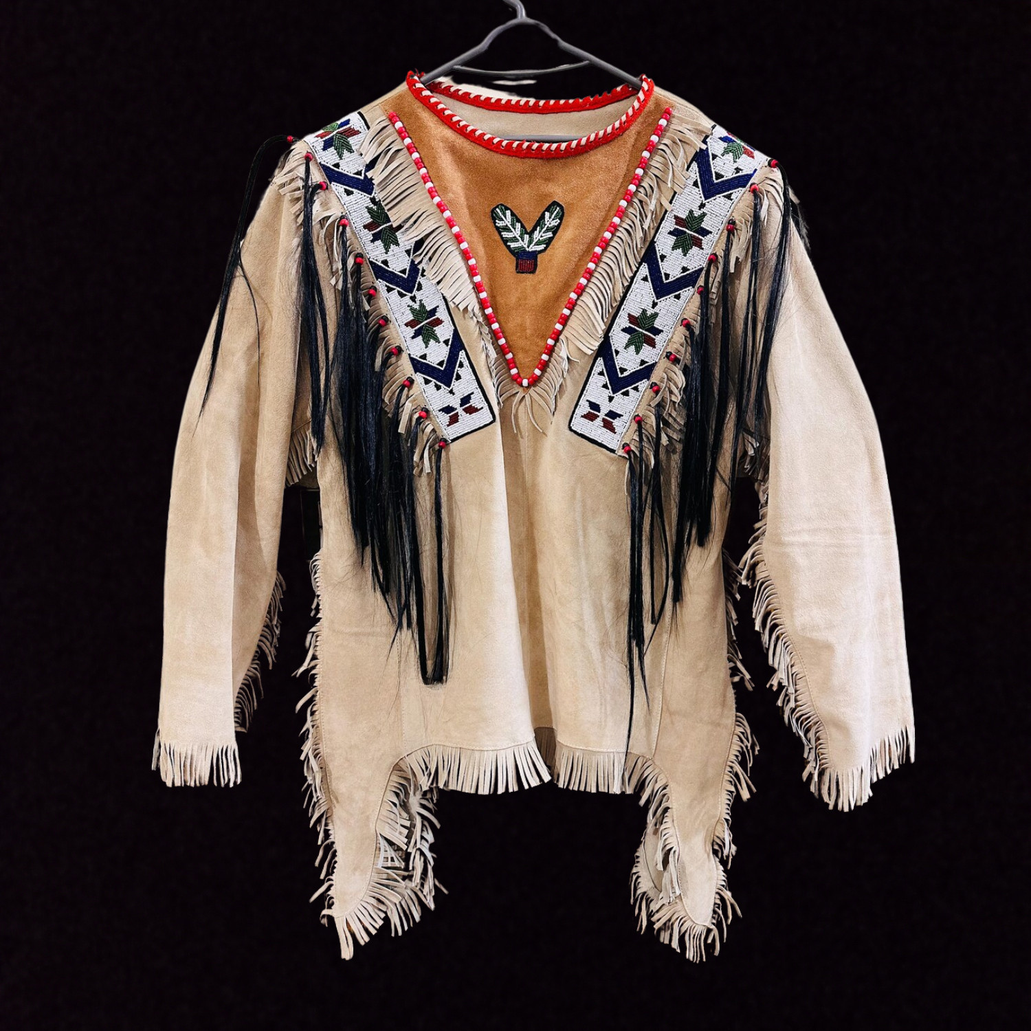 Native American Northern Plains Suede Fringe, Beaded Pow Wow Regalia War Shirt