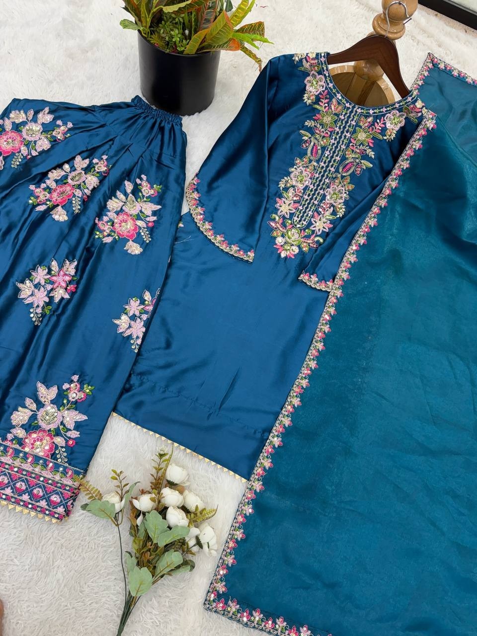 Stunning Look French Crepe Teal Blue Top Bottom With Dupatta For Function Wear