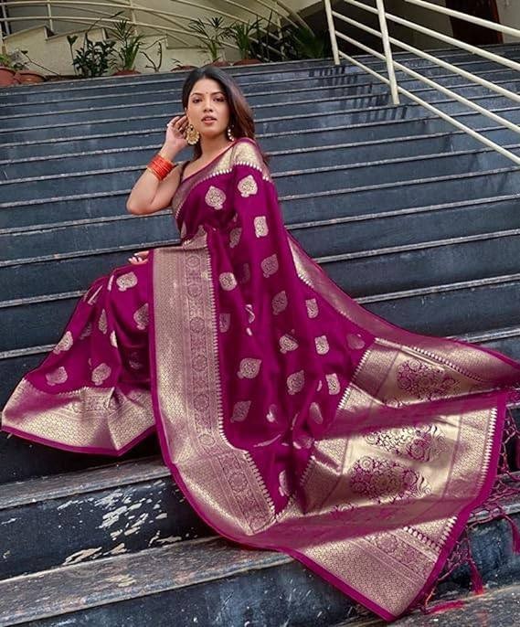 Women Beautiful Soft Lichi Silk Saree With Blouse Bridal Party Function Wear