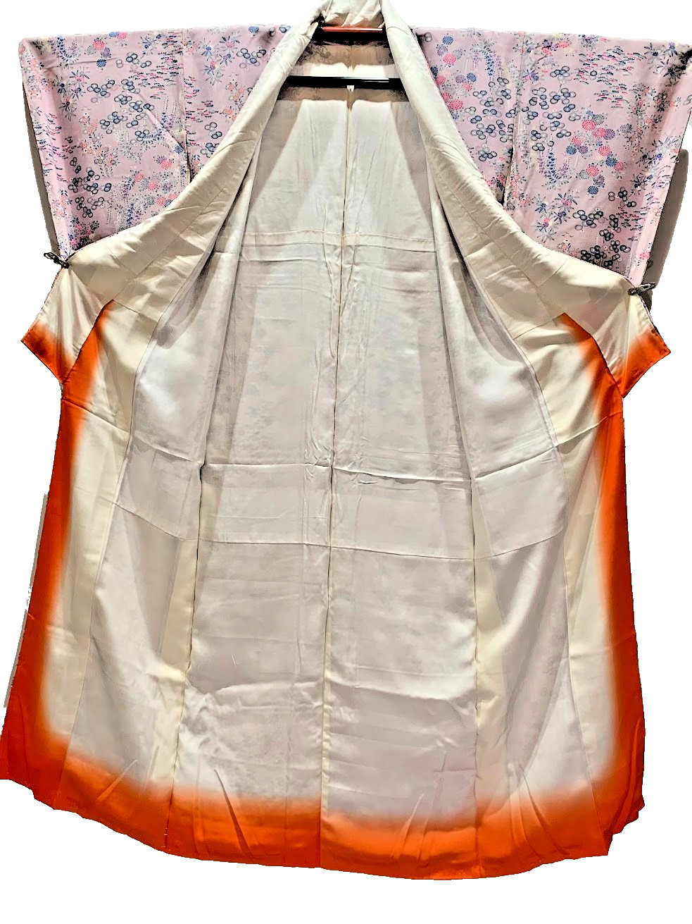 Vintage Japanese Pink Komon Synthetic Kimono Floral Chrysanthemum Wisteria Jimon