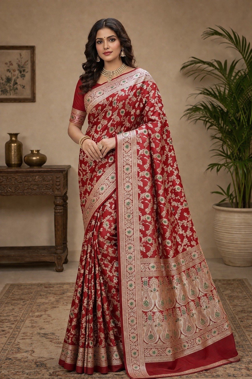 Royal Red Katan Banarasi Saree – Elegant Traditional Weaving
