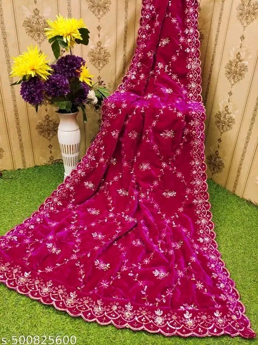 Pink Embroidery Velvet Dupatta For Bride And Women Velvet Shawl Odhani Veil