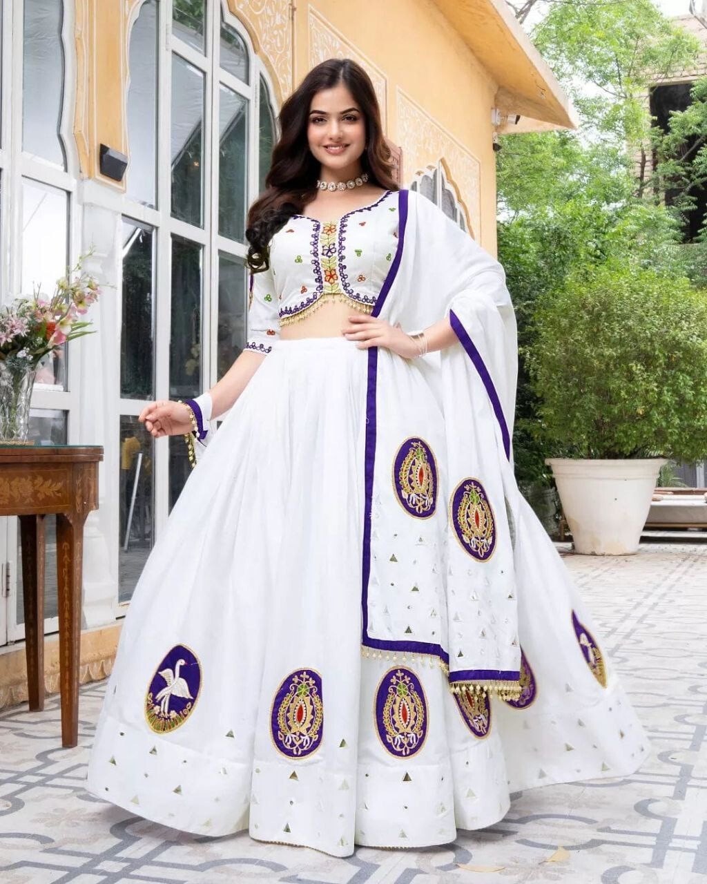 White color Navratri Lehenga Choli For mirror work Women By Aadat Export