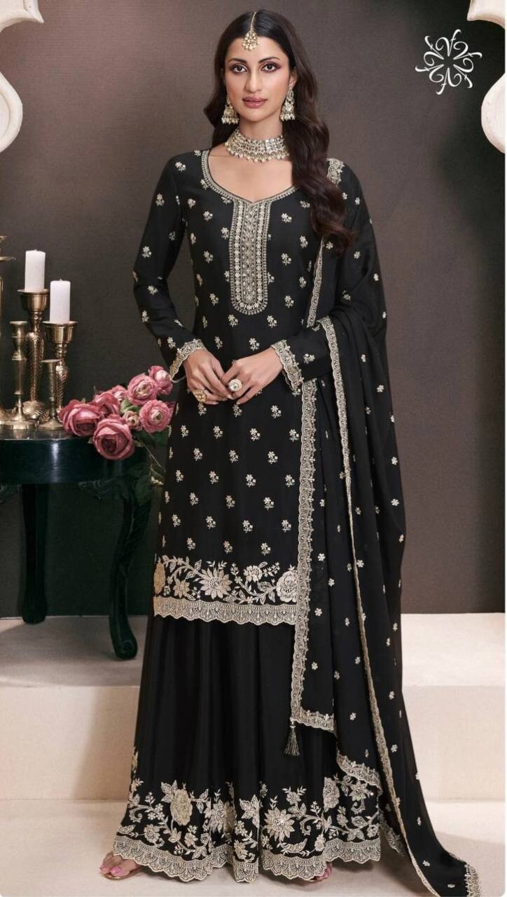 Beautiful Black Chinon Silk Kurta Palazzo With Dupatta For Reception & Party