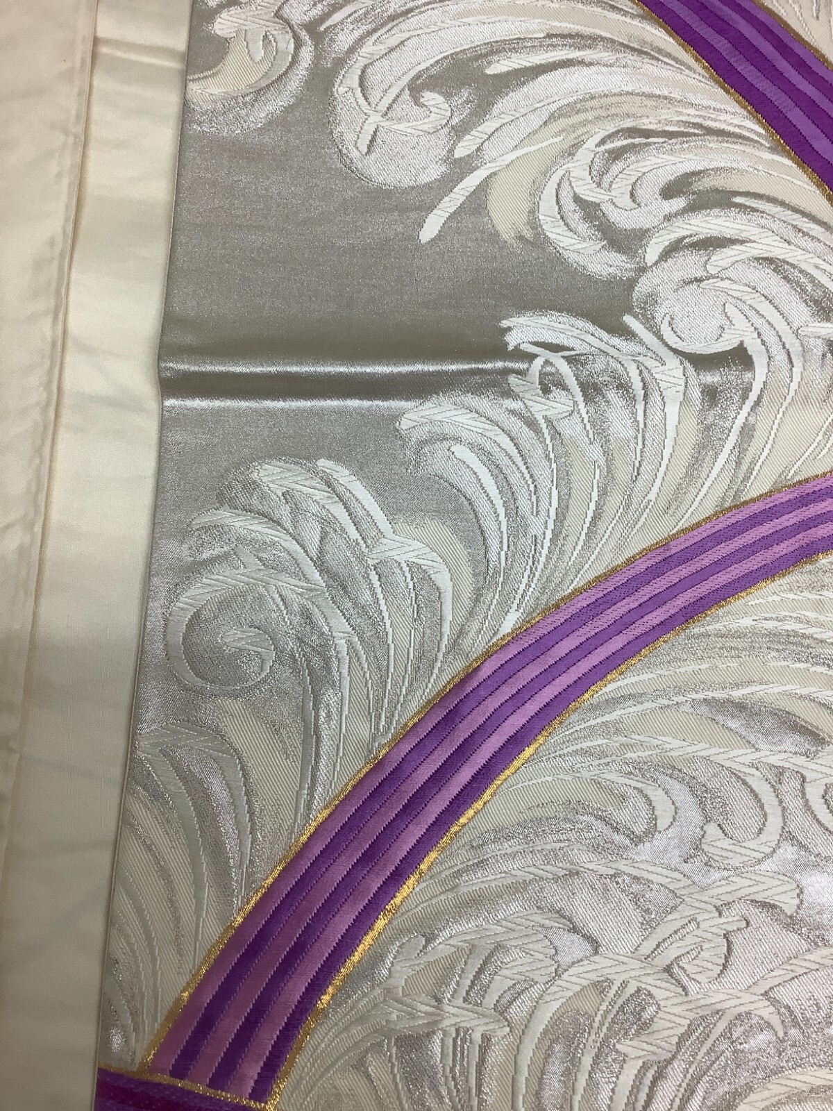 Japanese Vintage Kimono Fukuro Obi pure silk silver embroidery 163.7×12.5inch