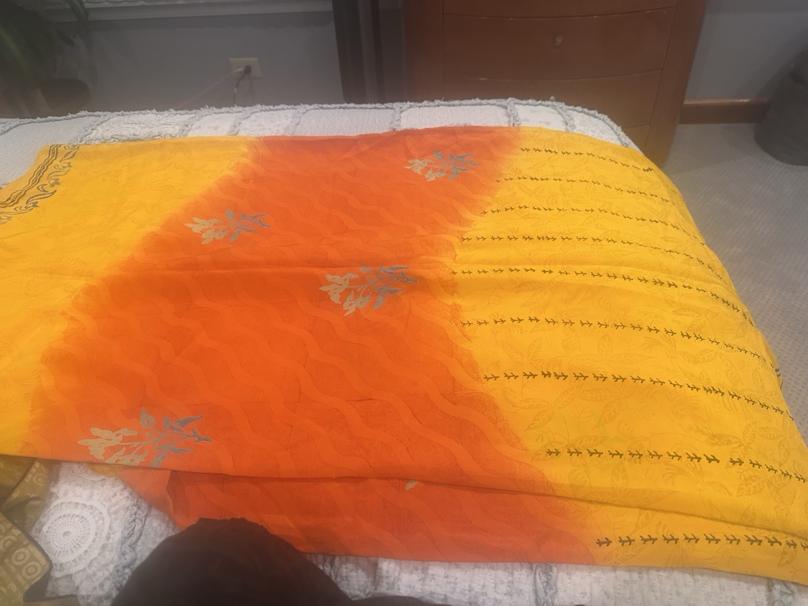 Very pretty Pure Crepe Silk Saree With Orange And Yellow Color And Small Border
