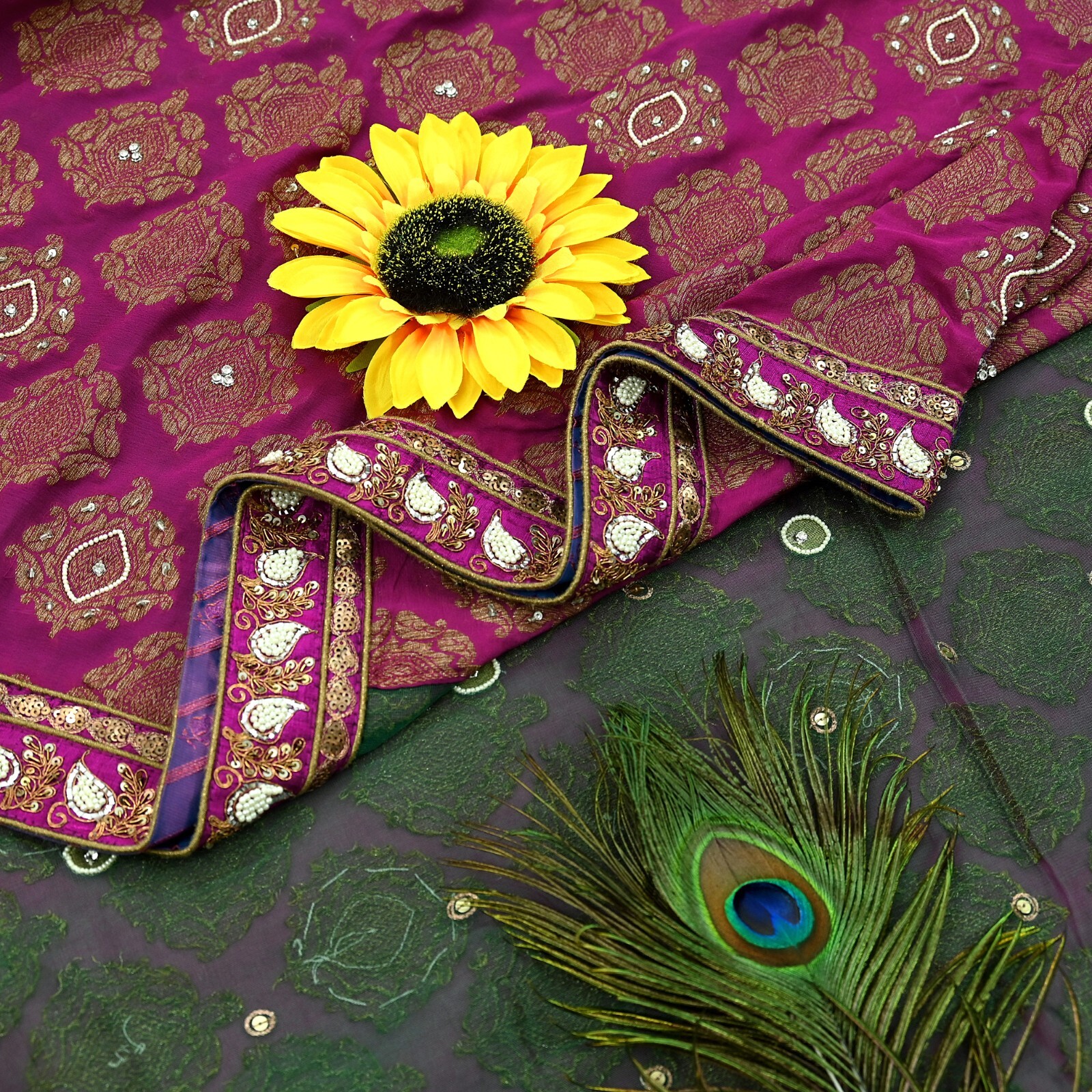 Indian Sari Green & Purple Net Hand Embroidered Designer Sabyasachi Sarees 6yard