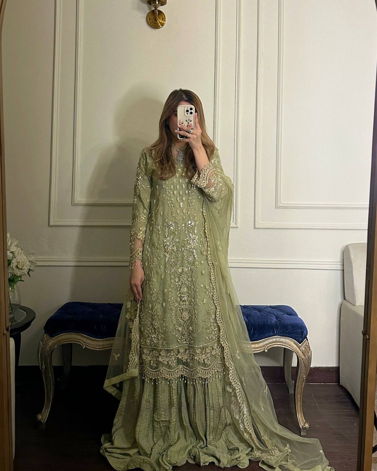 Latest Heavy Georgette Sage Green Top Palazzo With Dupatta For Reception Wear