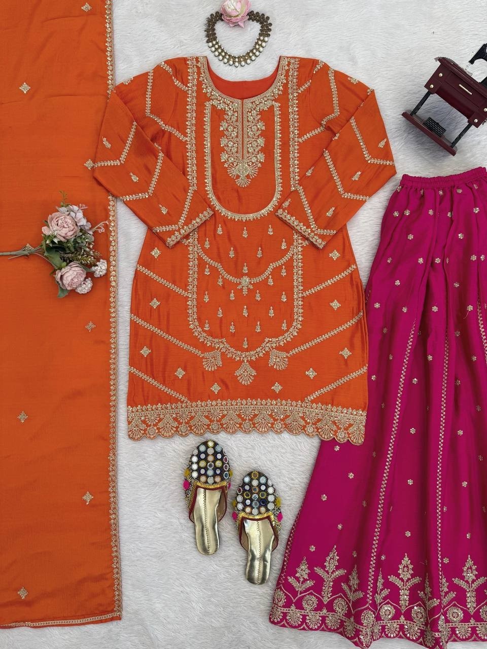 Latest Designer Chinon Silk Top Palazzo With Dupatta For Wedding & Reception