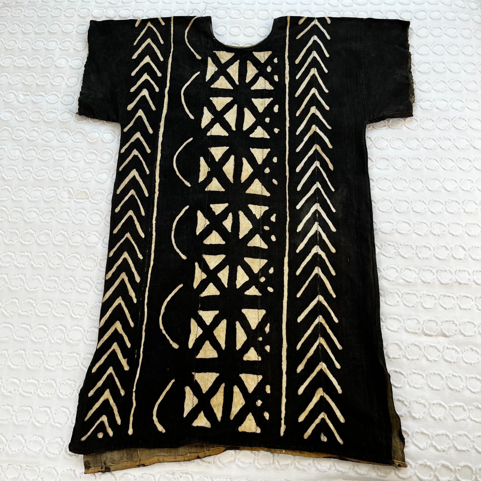 Traditional West African Bogolanfini Mud Cloth Tunic Dress Black Brown Geometric