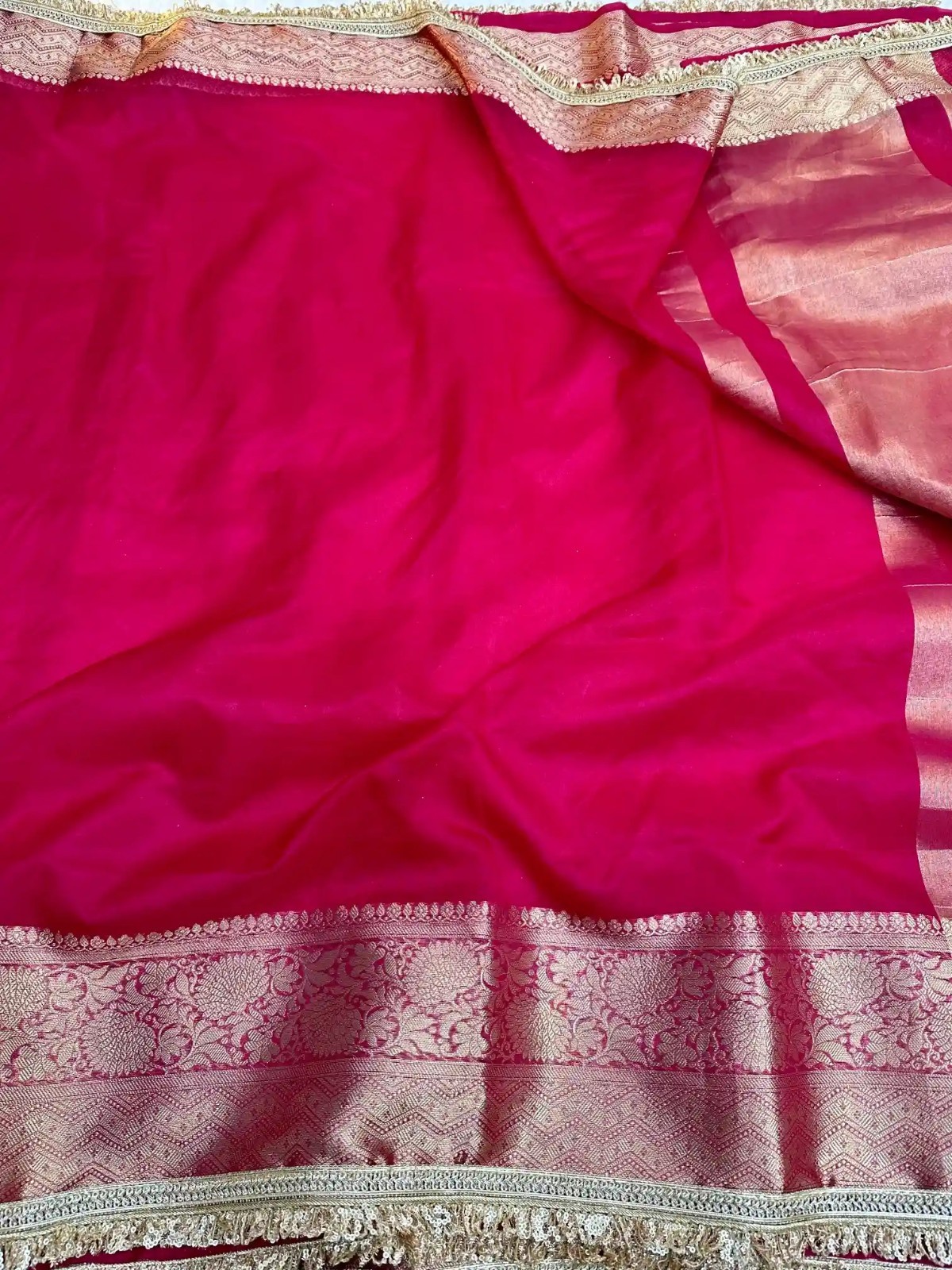 Women Dark Pink Tissue Silk Banarasi Saree Lace Work Unstitched Blouse Piece
