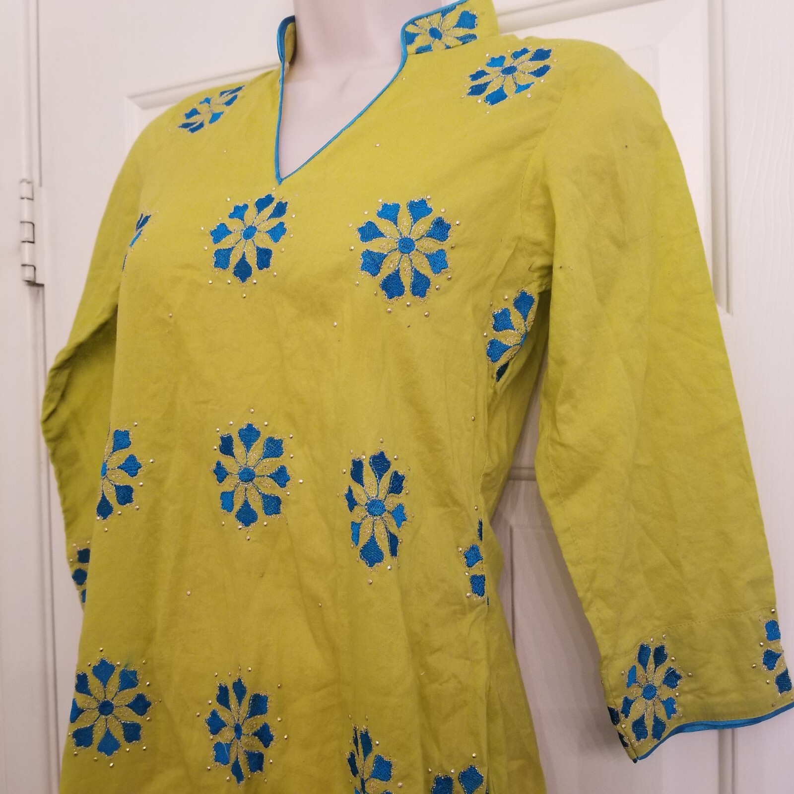 Chartreuse Green Teal Embroidered w Metal Rhinestones Kurtas/Sari LS SZ S