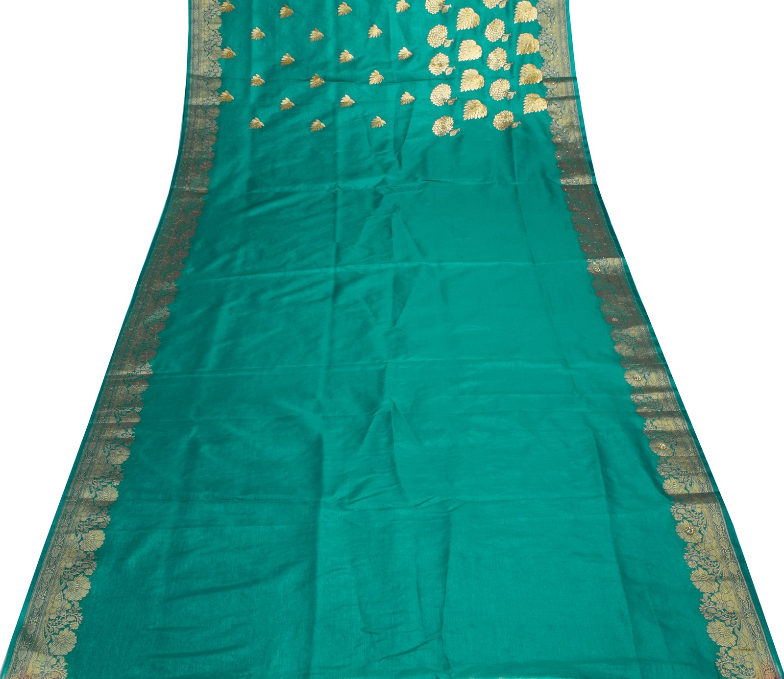 Sushila Vintage HEAVY Green Sari ArtSilk Embroidered Banarasi Brocade 6 YD Sari