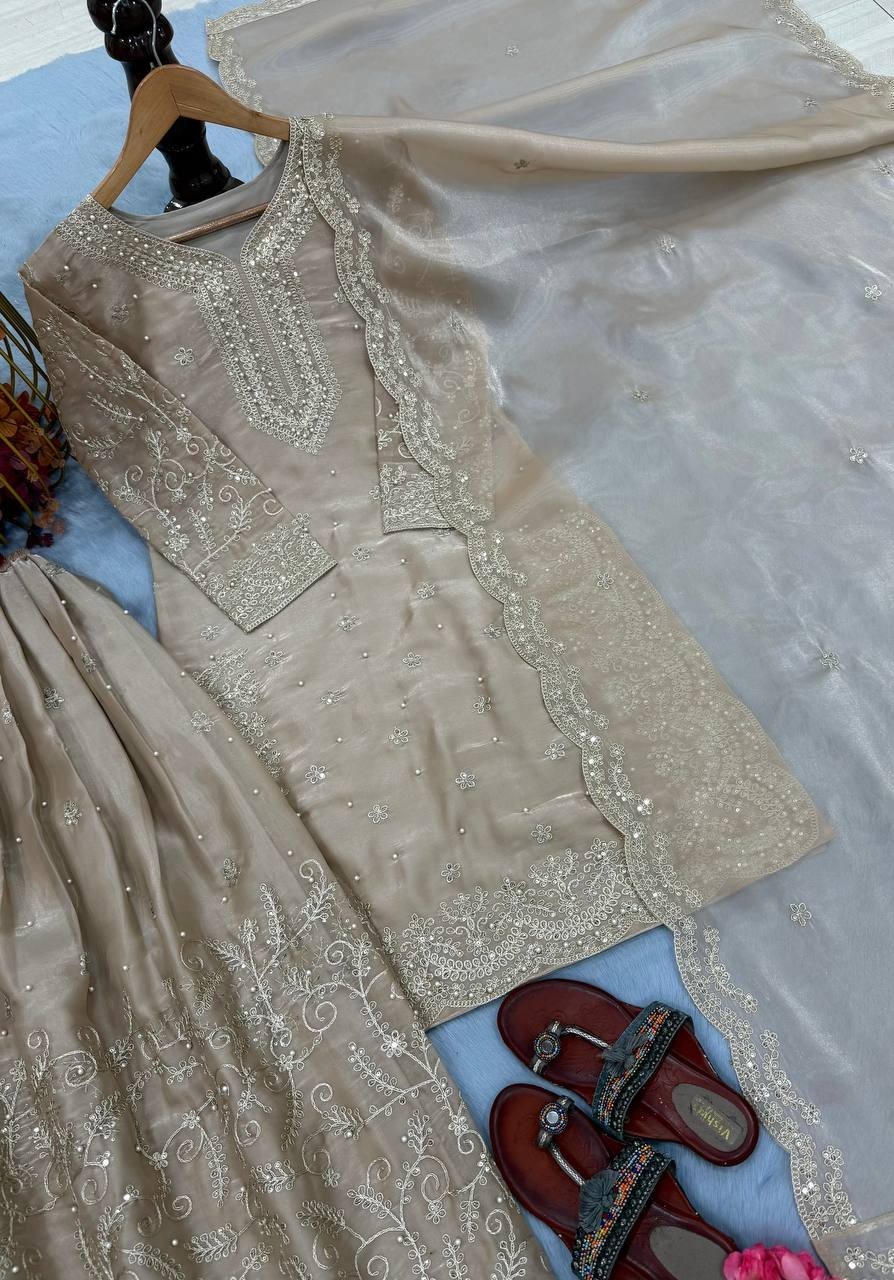 Latest Natural Crap Silk Chiku Salwar Kameez With Dupatta For Traditional Wear
