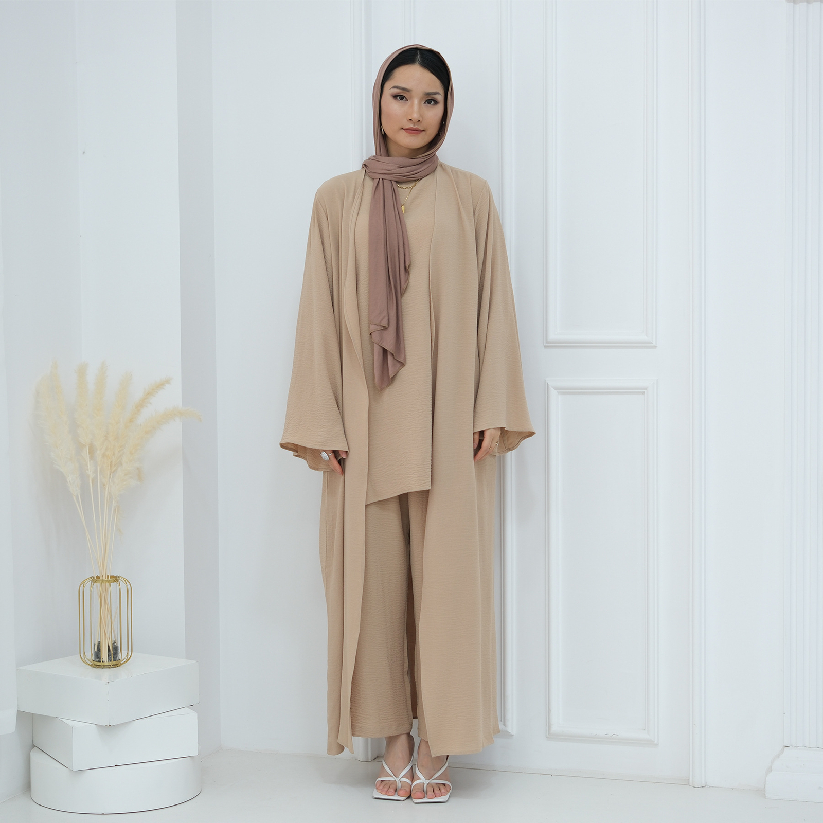Muslim Women 3pcs Set Open Kimono Vest Pants Kaftan Dress Dubai Abaya Outfits