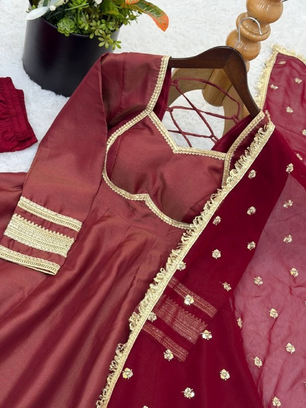 Readymade Cosmos Gold Maroon Gown Bottom With Dupatta For Function Wear