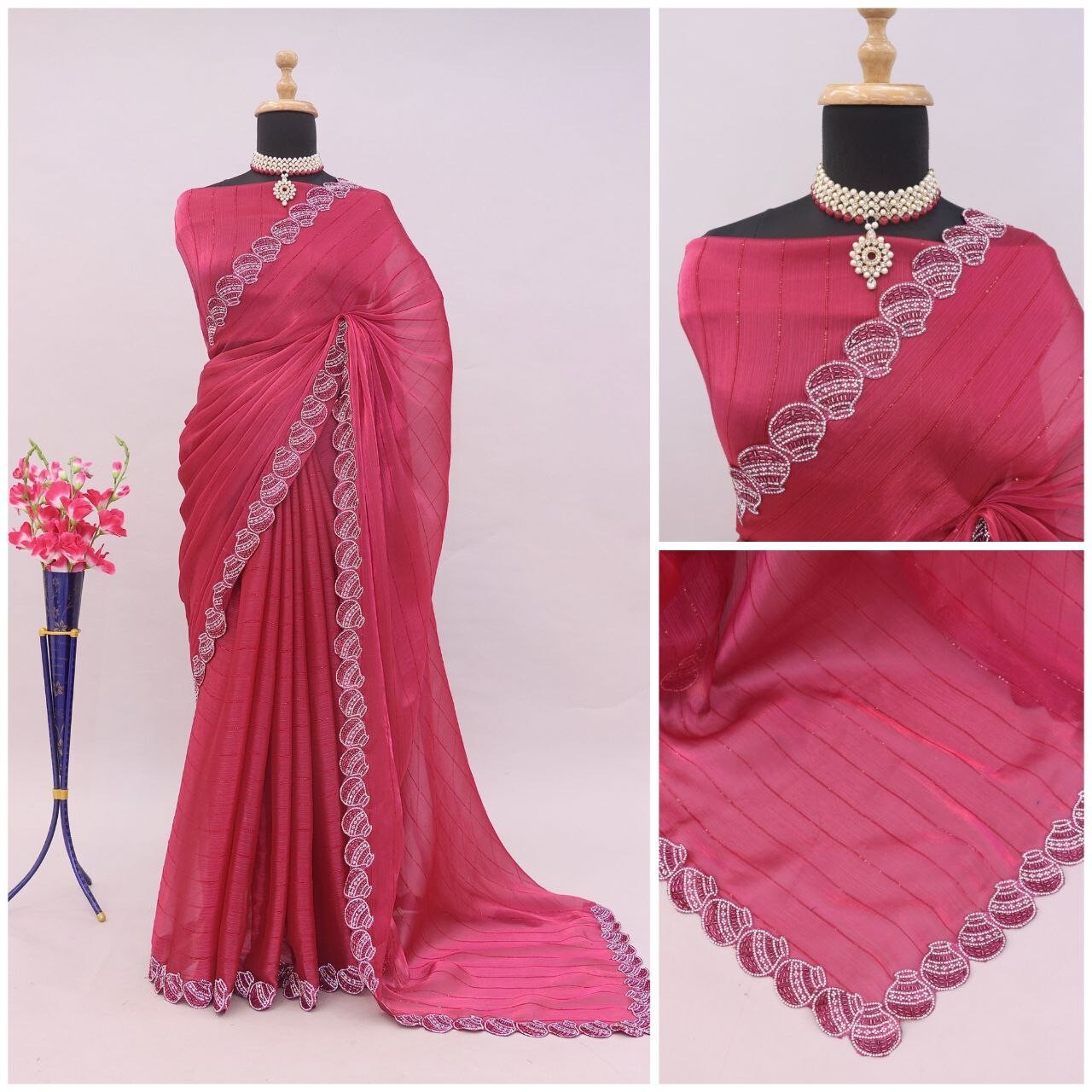 Red Soft Shiny Sitara Silk Embellished Work Saree.Partywear All Eyes On You Sari