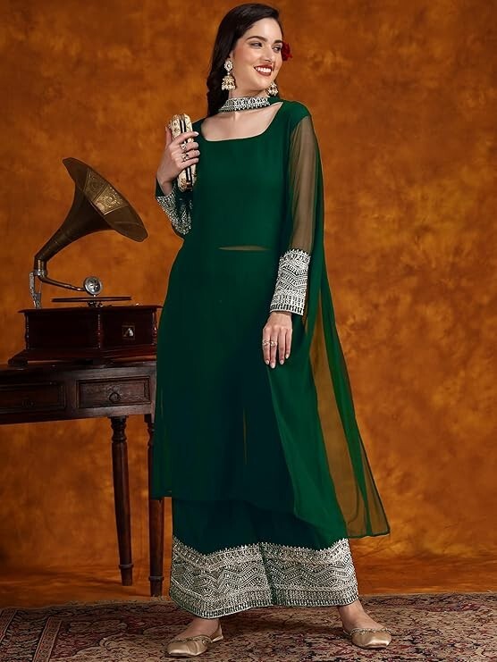Women Indian Black Georgette Kurta Top With Trousers , Kurti, Pants & Dupatta