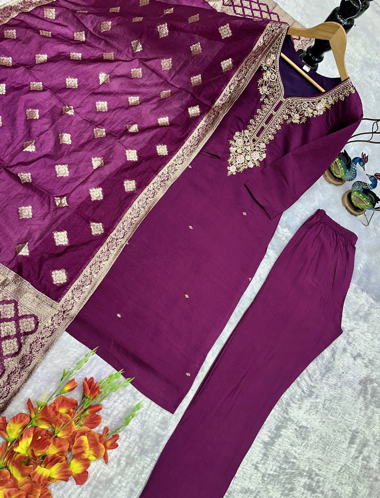 New Roman Silk Purple Salwar Kameez With Dupatta For Festival Wear