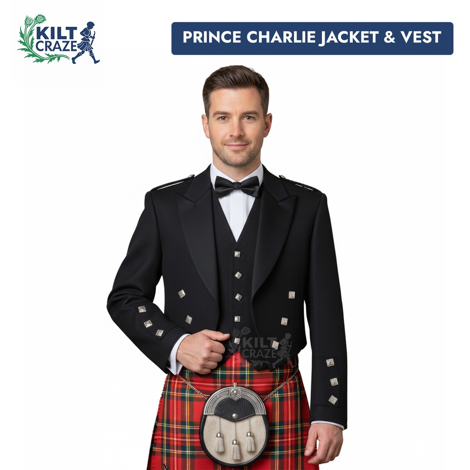 Prince Charlie Jacket and Vest Men’s Scottish Wedding Kilt Jacket and Waistcoat