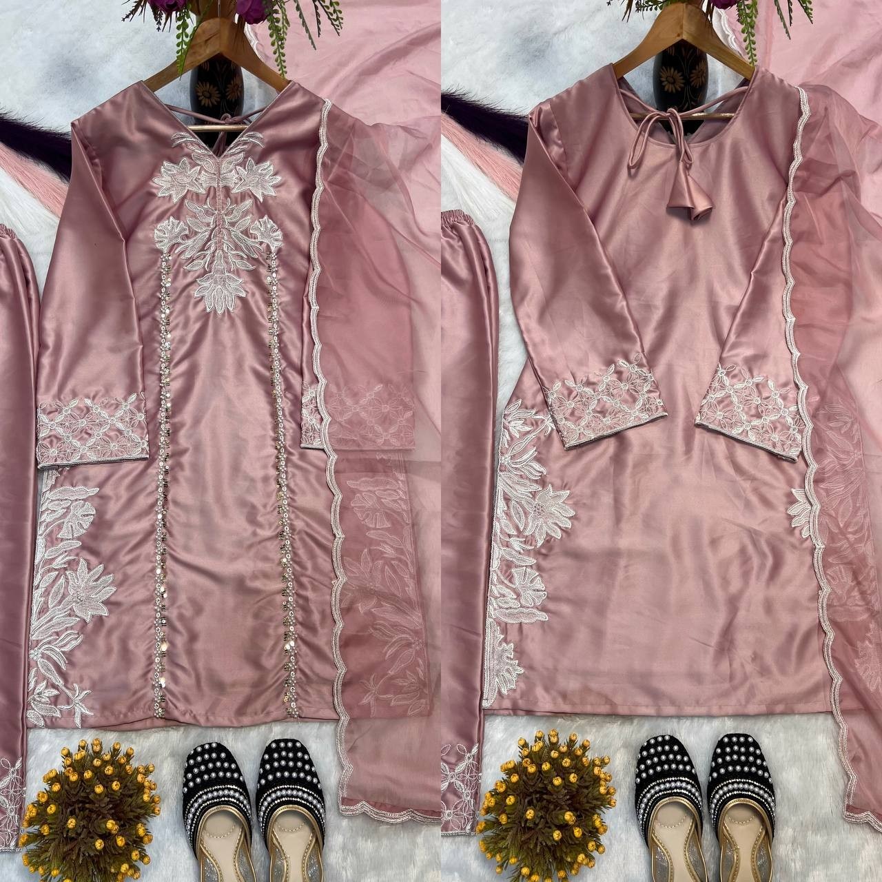 Classic Look Heavy Natural Crepe Salwar Kameez With Dusty Pink Dupatta For Women