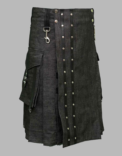 Kilt da uomo in denim nero con tasche cargo taglie 28 “-62”
