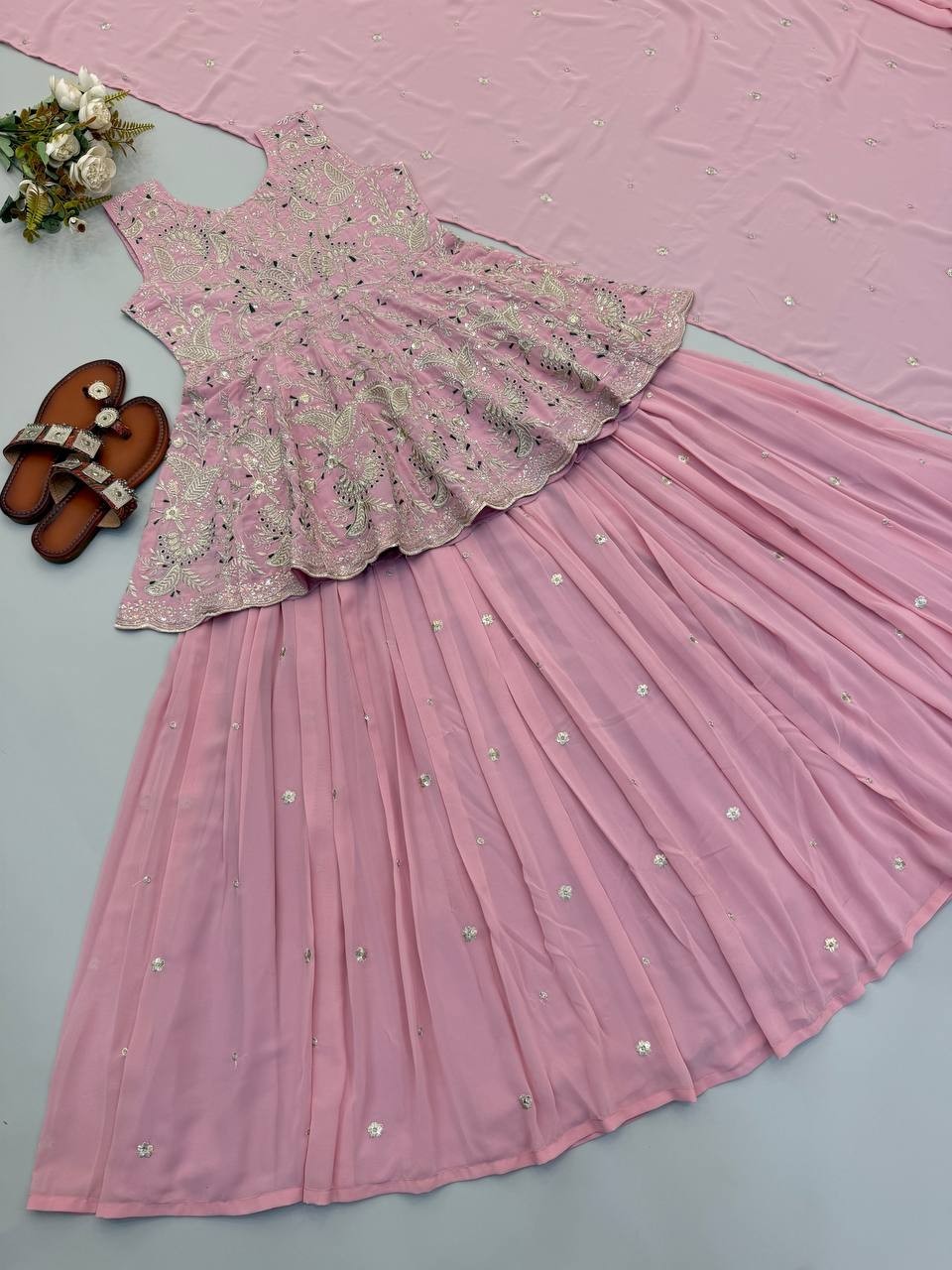 Unique Designer Pink Faux Georgette Silk Top Lehenga With Dupatta For Wedding