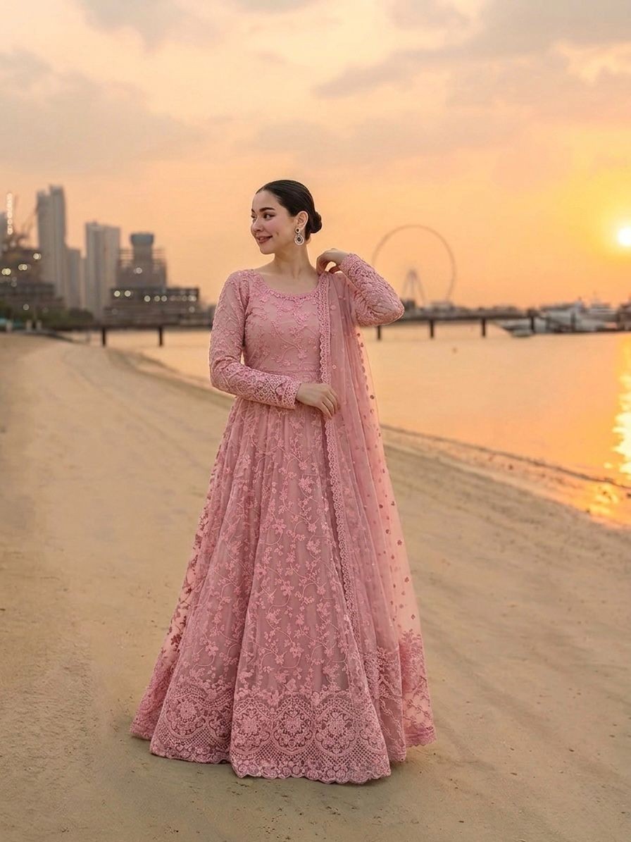 Embroidered Georgette Anarkali Gown Set with Dupatta & Bottom Party Wear Dress